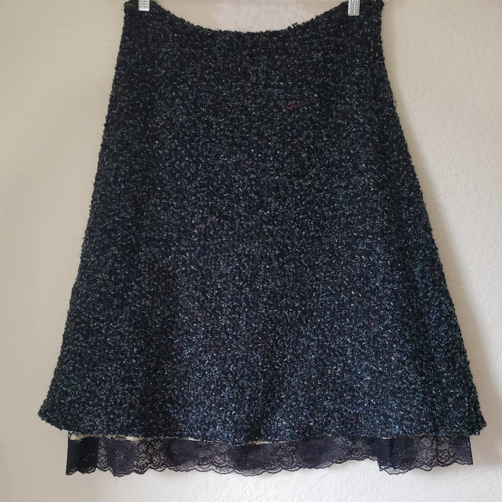 NWT Black & Blue Wool Skirt With Laced Edge Under Slip